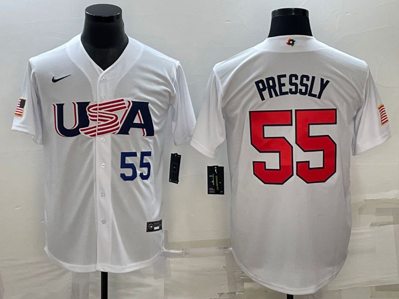 Men 2023 World Cub USA #55 Pressly White Nike MLB Jersey->more jerseys->MLB Jersey